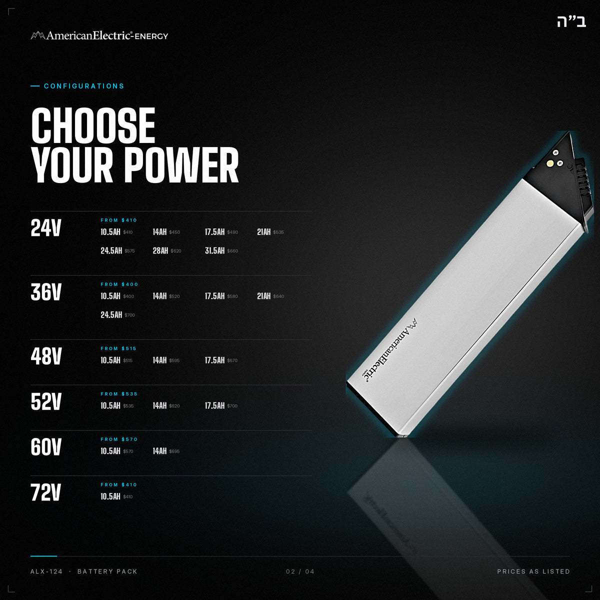 ALX-124 Battery Pack: configurations, 24V/36V/48V/52V/60V/72V, capacities and prices