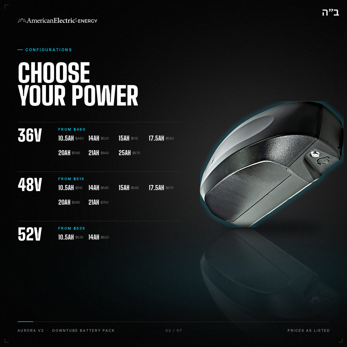 Aurora V2 Battery Pack: configurations, 36V/48V/52V, capacities and prices