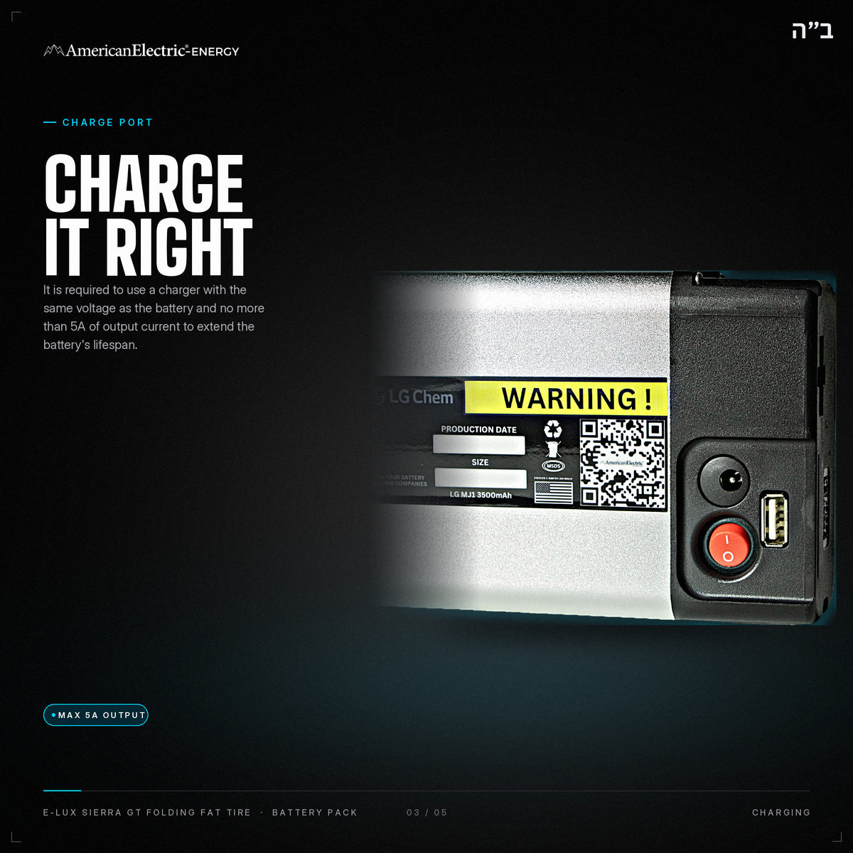 E-Lux Sierra GT Folding Fat Tire Battery Pack: charge port, use a same-voltage charger, max 5A