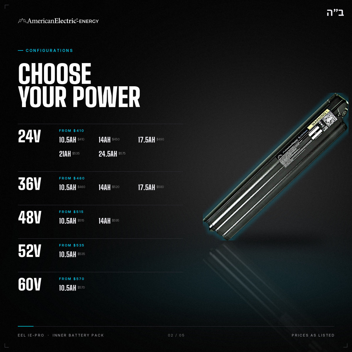Eel IE-Pro Battery Pack: configurations, 24V/36V/48V/52V/60V, capacities and prices