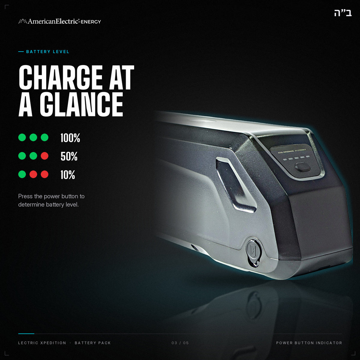Lectric Xpedition Battery Pack: battery level indicator, press the power button