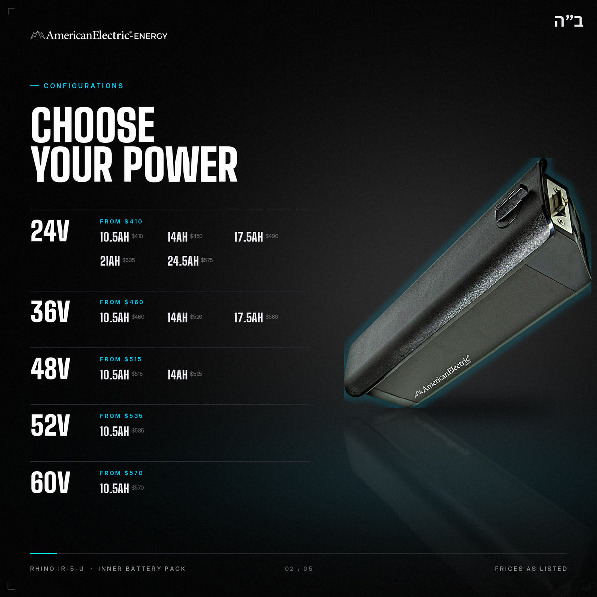 Rhino IR-5-U Battery Pack: configurations, 24V/36V/48V/52V/60V, capacities and prices