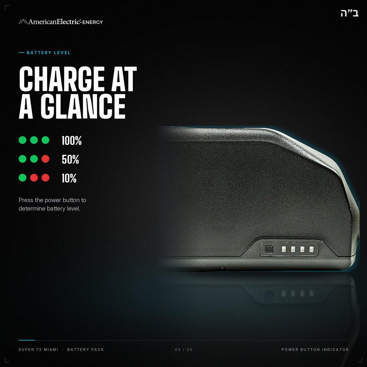 Super 73 Miami Battery Pack: battery level indicator, press the power button