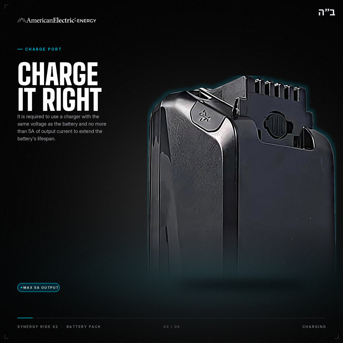 Synergy Ride x2 Battery Pack: charge port, use a same-voltage charger, max 5A
