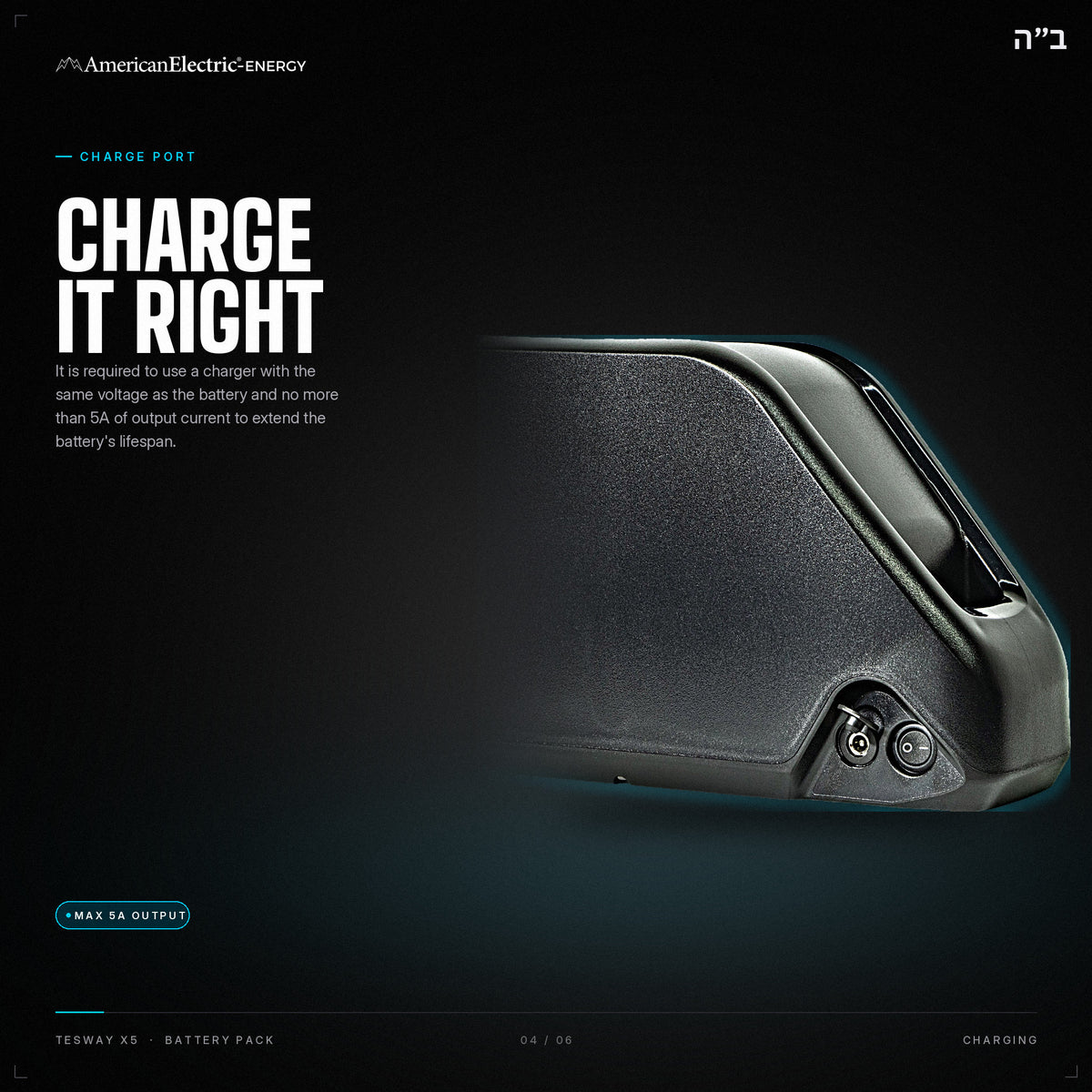 Tesway X5 Battery Pack: charge port, use a same-voltage charger, max 5A