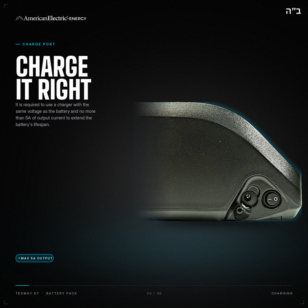 Tesway S7 Battery Pack: charge port, use a same-voltage charger, max 5A