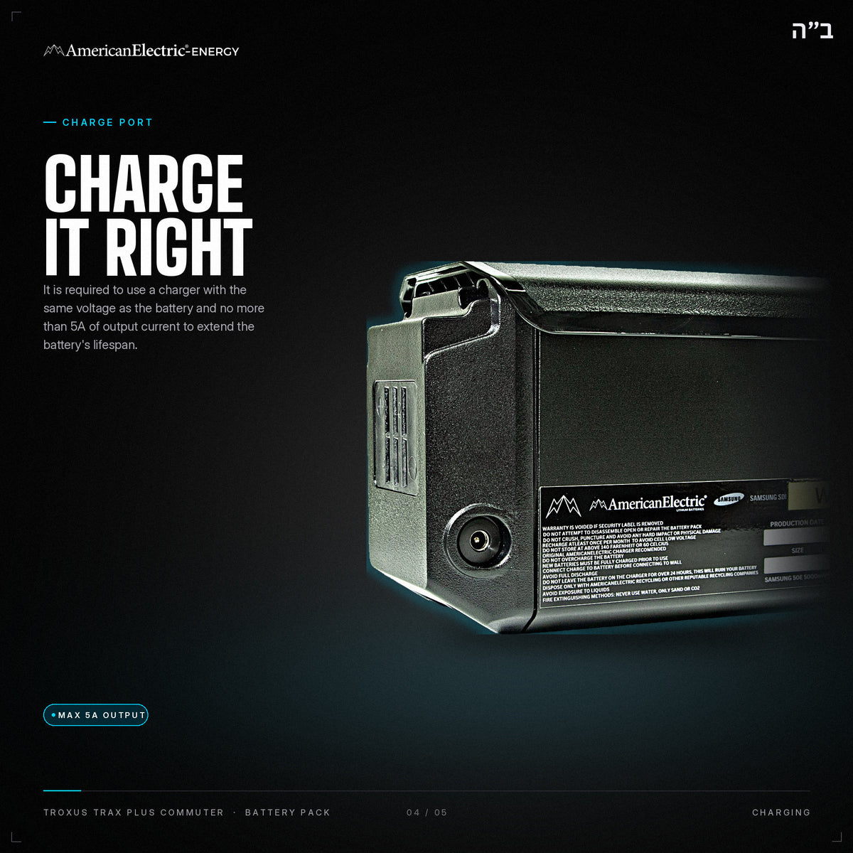 Troxus Trax Plus Commuter Battery Pack: charge port, use a same-voltage charger, max 5A