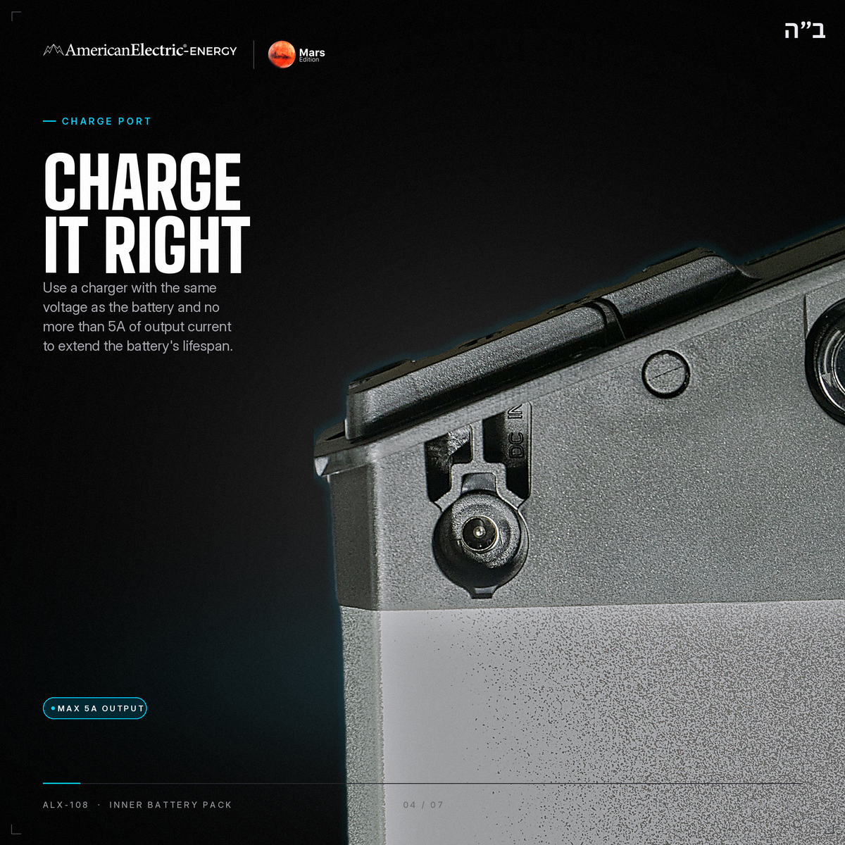 ALX-108 Battery Pack: Charge port, use a same-voltage charger, max 5A