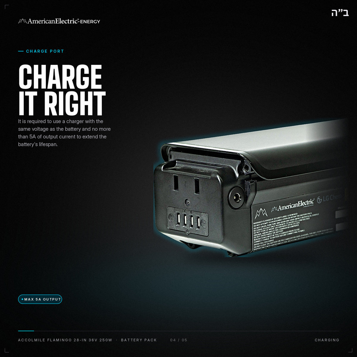Accolmile Flamingo 28-In 36V 250W Battery Pack: charge port, use a same-voltage charger, max 5A