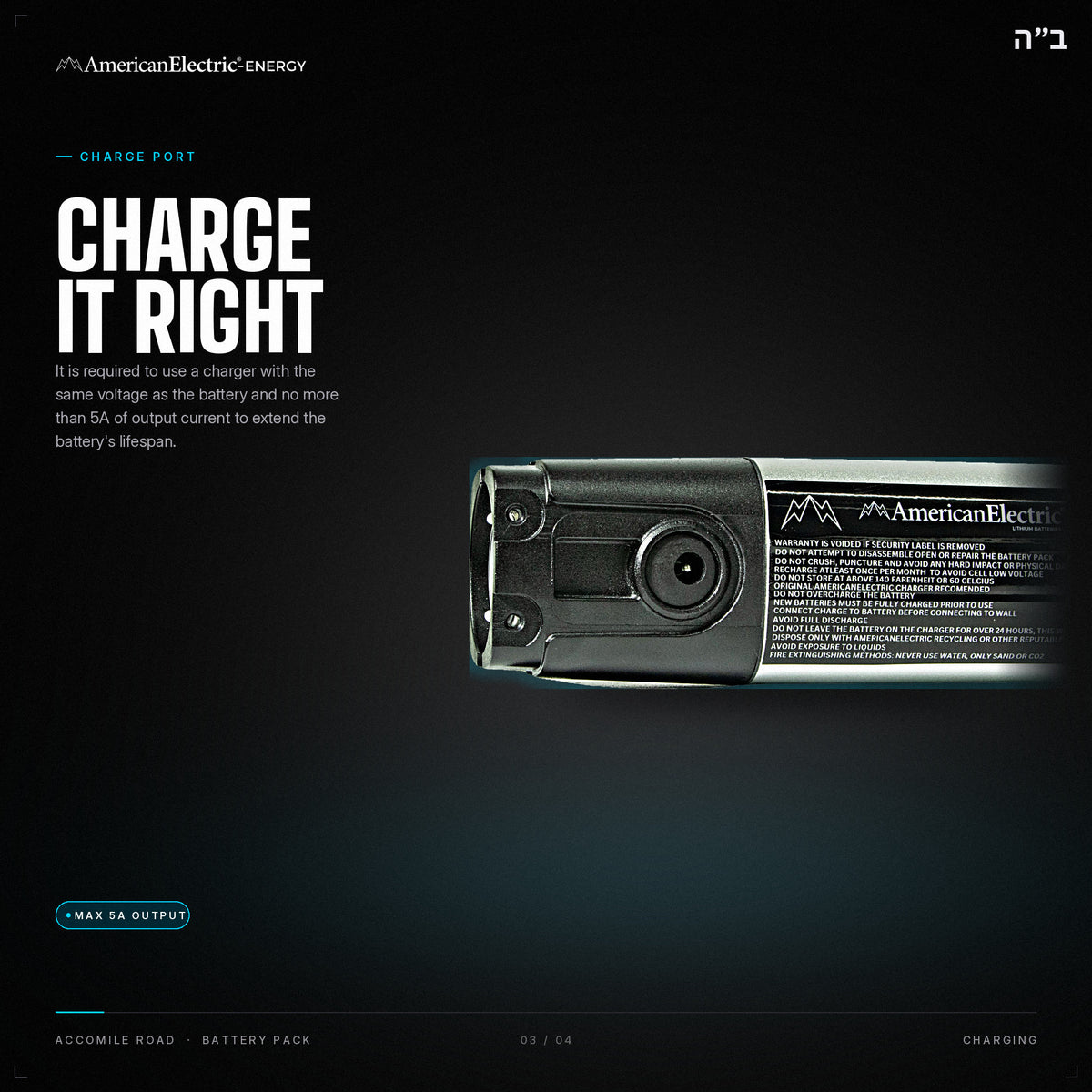Accomile Road Battery Pack: charge port, use a same-voltage charger, max 5A