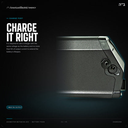 Addmotor Motan M-430 Battery Pack: charge port, use a same-voltage charger, max 5A