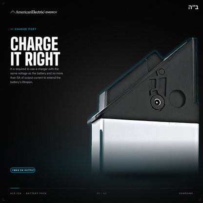 ALX-124 Battery Pack: charge port, use a same-voltage charger, max 5A