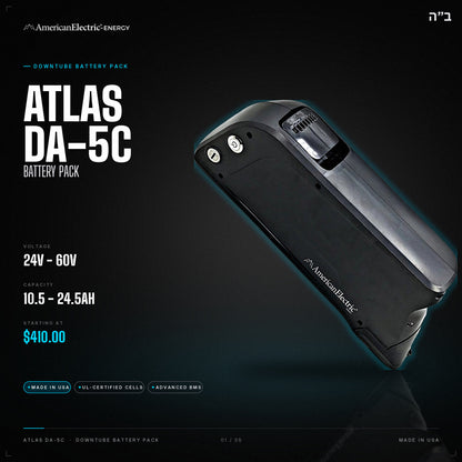 Atlas DA-5C Battery Pack: 24V/36V/48V/52V/60V downtube battery, 10.5-24.5AH, from $410