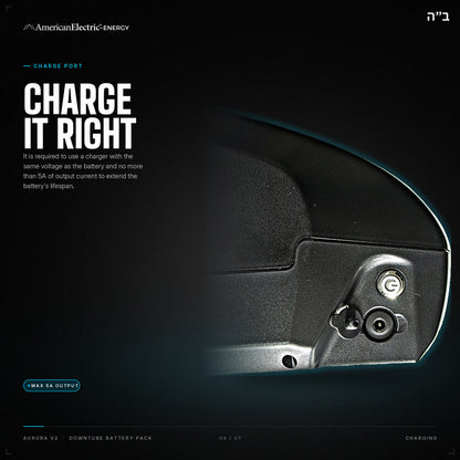 Aurora V2 Battery Pack: charge port, use a same-voltage charger, max 5A