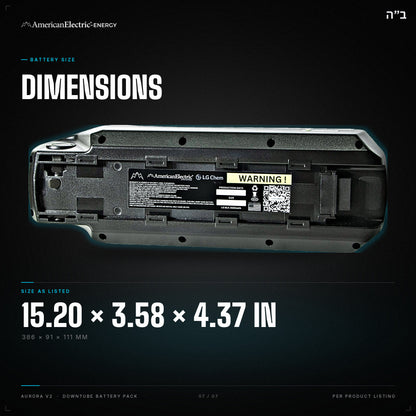 Aurora V2 Battery Pack: dimensions 15.20 x 3.58 x 4.37 in (386 x 91 x 111 mm)