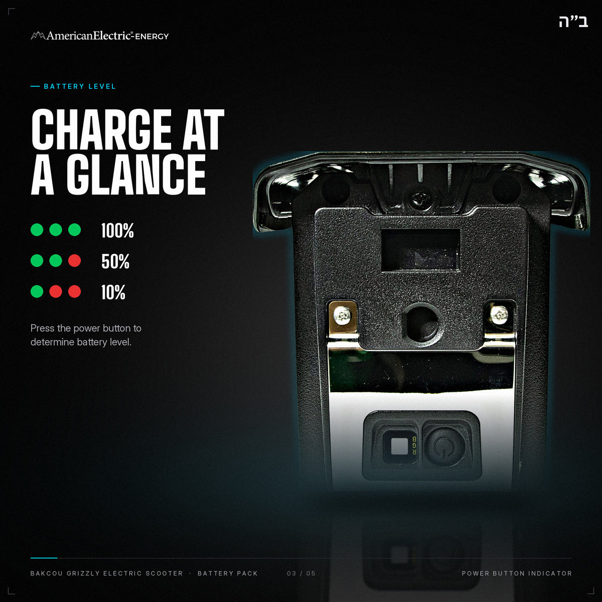 Bakcou Grizzly Electric Scooter Battery Pack: battery level indicator, press the power button