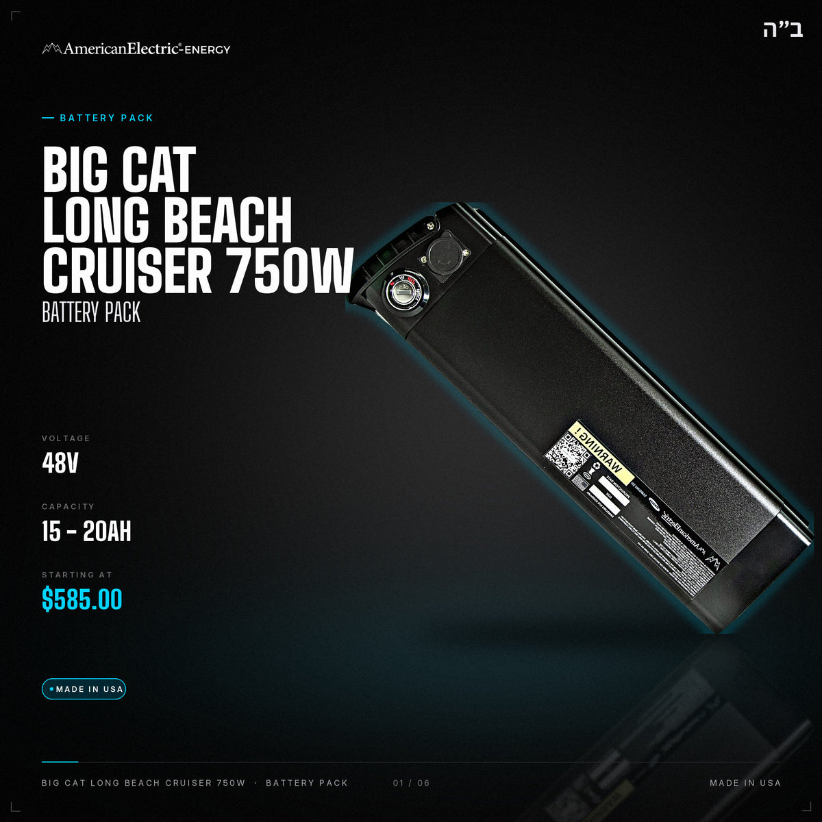 Big Cat Long Beach Cruiser 750W Battery Pack: 48V 15-20AH battery pack, from $585