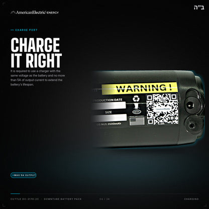 Cuttle DC-2170-2C Battery Pack: charge port, use a same-voltage charger, max 5A