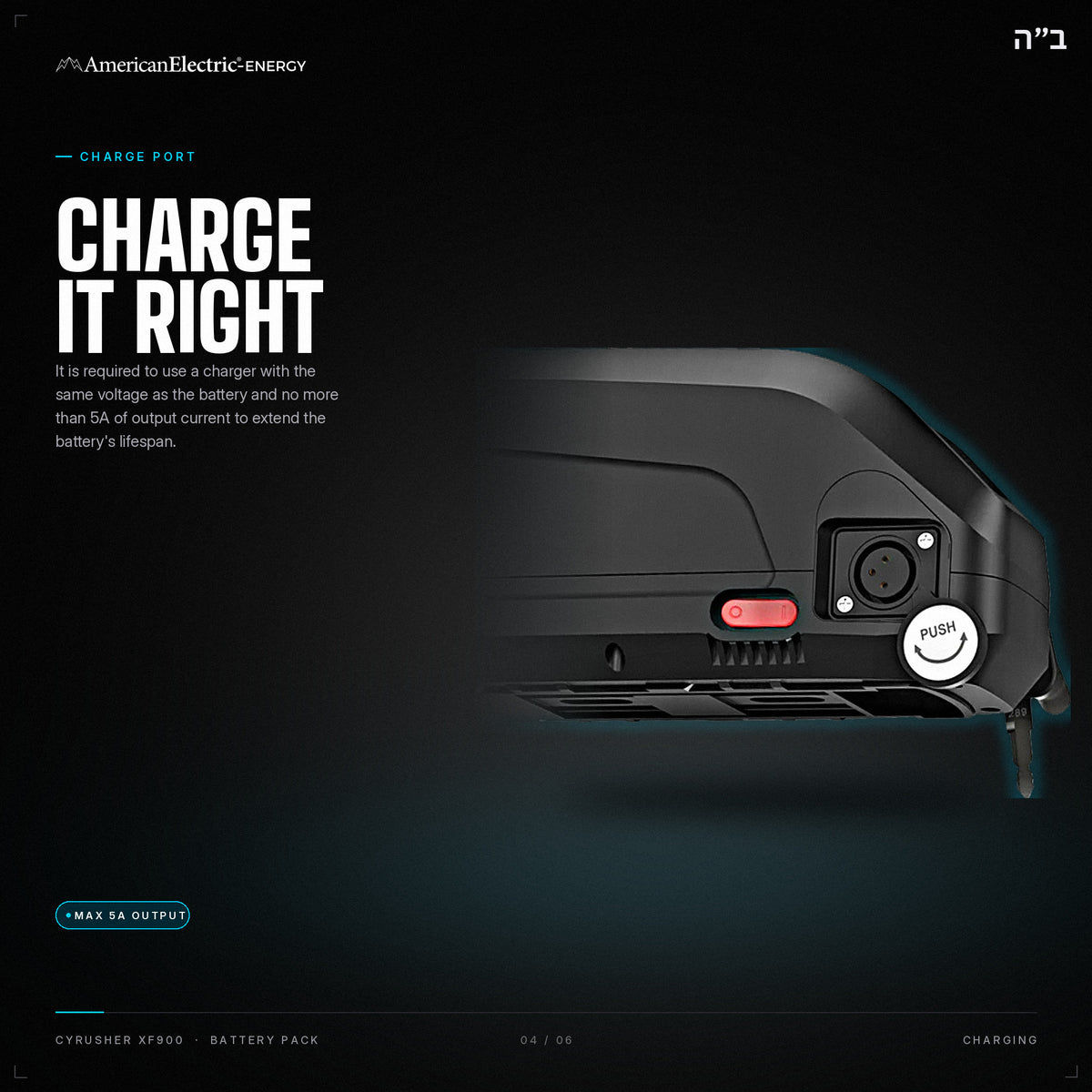 Cyrusher XF900 Battery Pack: charge port, use a same-voltage charger, max 5A