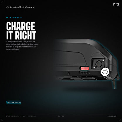 Cyrusher XF900 Battery Pack: charge port, use a same-voltage charger, max 5A