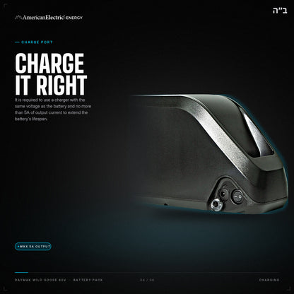 Daymak Wild Goose 60V Battery Pack: charge port, use a same-voltage charger, max 5A
