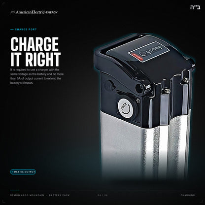 Demon Argo Mountain Battery Pack: charge port, use a same-voltage charger, max 5A