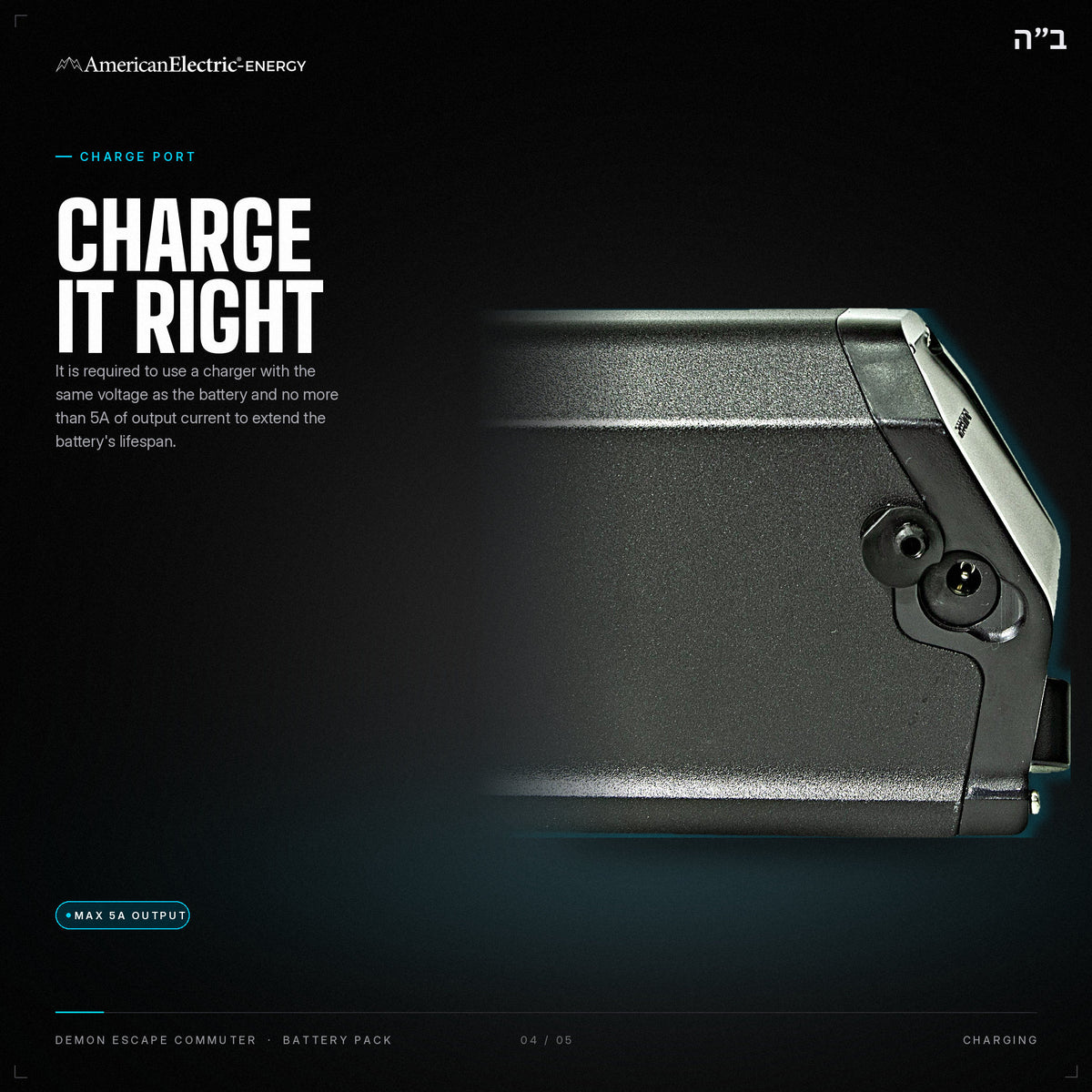 Demon Escape Commuter Battery Pack: charge port, use a same-voltage charger, max 5A