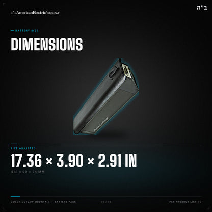 Demon Outlaw Mountain Battery Pack: dimensions 17.36 x 3.90 x 2.91 in (441 x 99 x 74 mm)