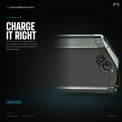 Dirwin Seeker Battery Pack: charge port, use a same-voltage charger, max 5A