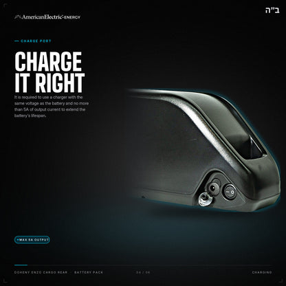Doheny Enzo Cargo Rear Battery Pack: charge port, use a same-voltage charger, max 5A