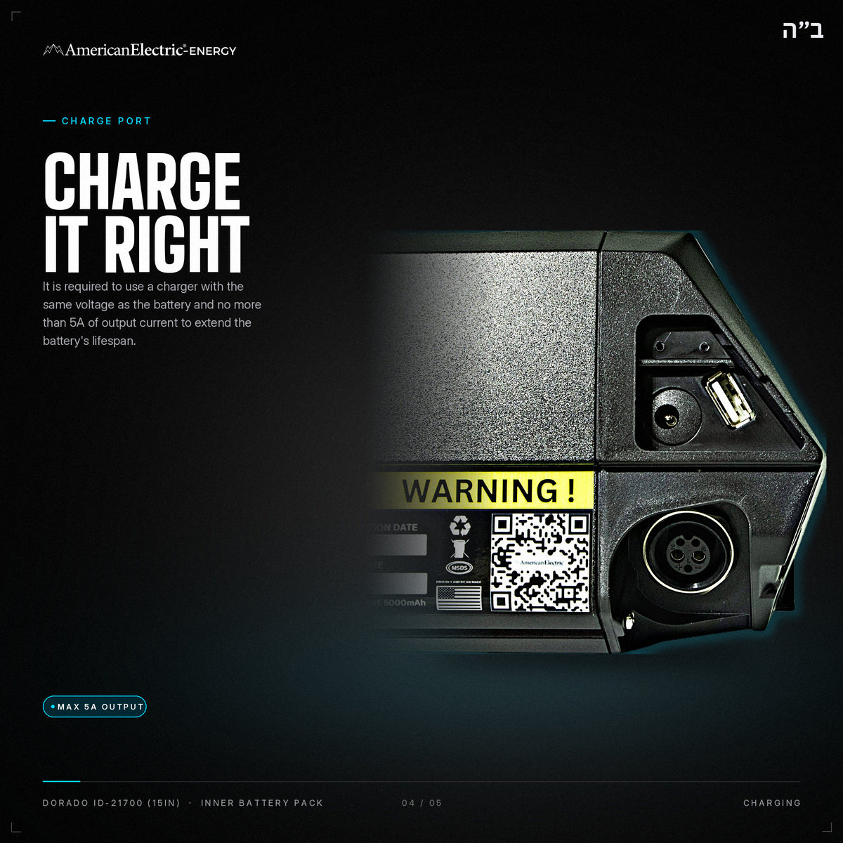 Dorado ID-21700 (15in) Battery Pack: charge port, use a same-voltage charger, max 5A