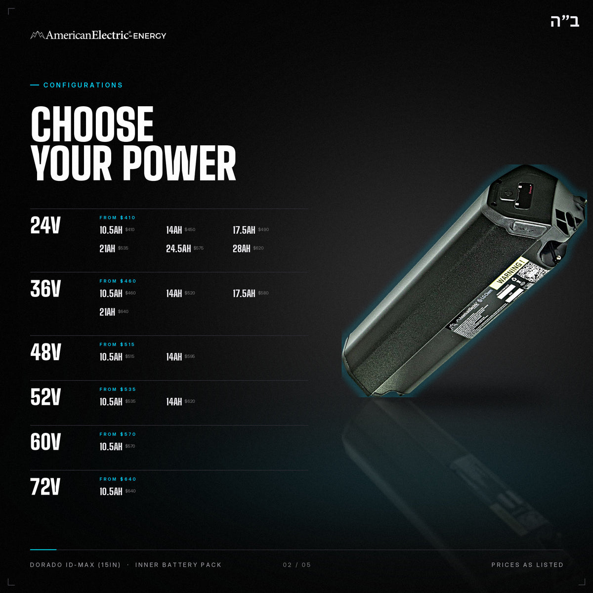 Dorado ID-Max (15in) Battery Pack: configurations, 24V/36V/48V/52V/60V/72V, capacities and prices