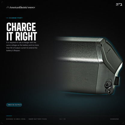 Dorado ID-Max (15in) Battery Pack: charge port, use a same-voltage charger, max 5A