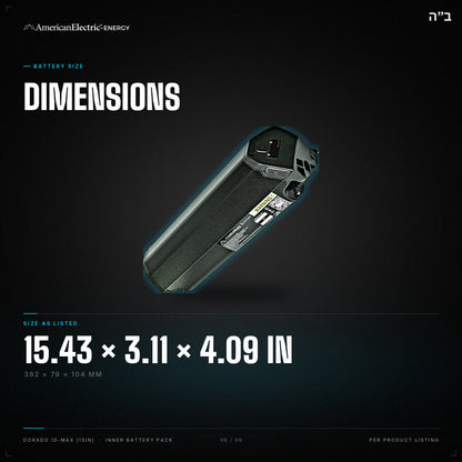 Dorado ID-Max (15in) Battery Pack: dimensions 15.43 x 3.11 x 4.09 in (392 x 79 x 104 mm)
