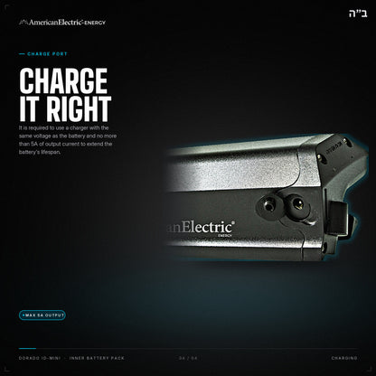Dorado ID-Mini Battery Pack: charge port, use a same-voltage charger, max 5A