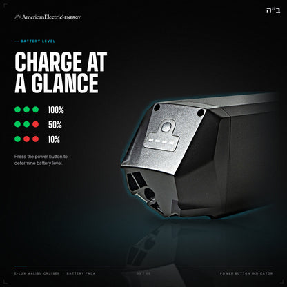 E-Lux Malibu Cruiser Battery Pack: battery level indicator, press the power button