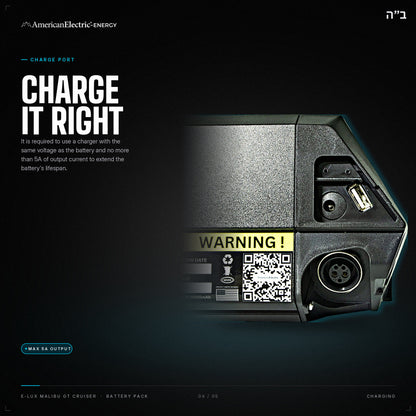 E-Lux Malibu GT Cruiser Battery Pack: charge port, use a same-voltage charger, max 5A