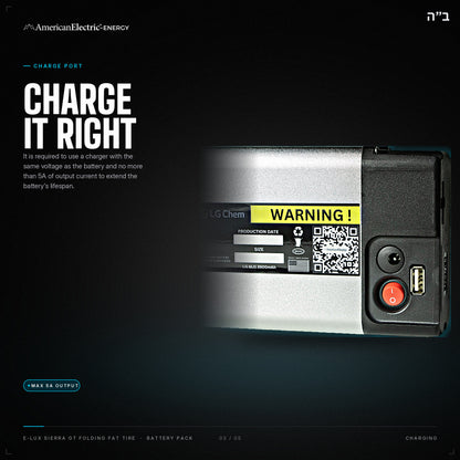 E-Lux Sierra GT Folding Fat Tire Battery Pack: charge port, use a same-voltage charger, max 5A