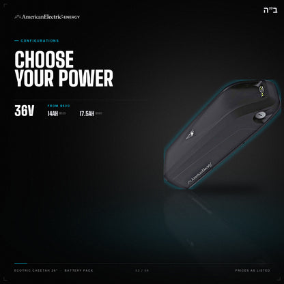 Ecotric Cheetah 26" Battery Pack: configurations, 36V, capacities and prices