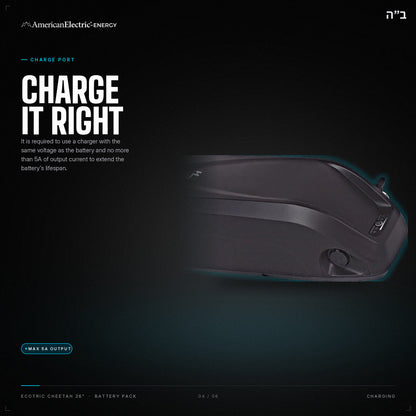 Ecotric Cheetah 26" Battery Pack: charge port, use a same-voltage charger, max 5A