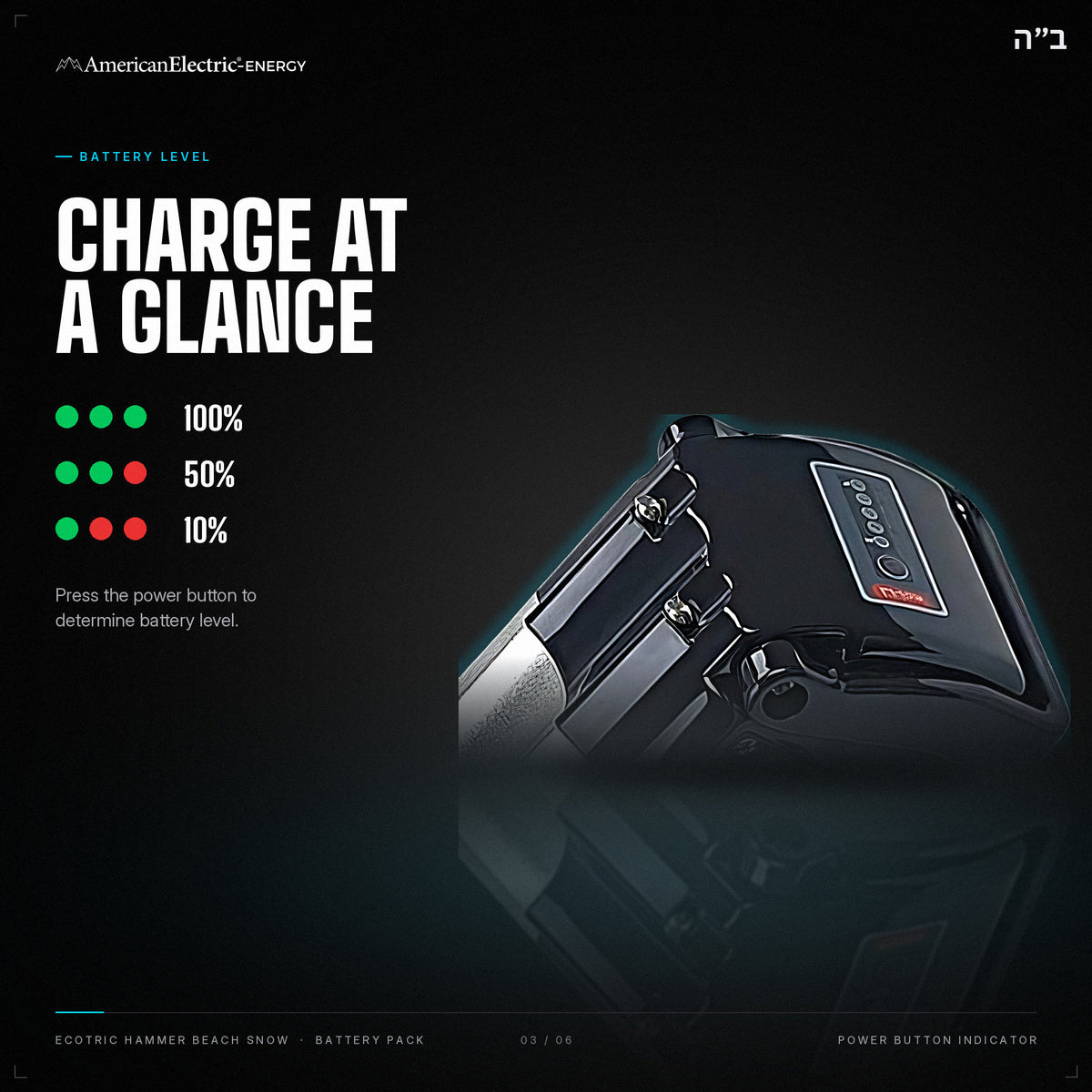 Ecotric Hammer Beach Snow Battery Pack: battery level indicator, press the power button
