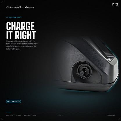 Ecotric Leopard Battery Pack: charge port, use a same-voltage charger, max 5A