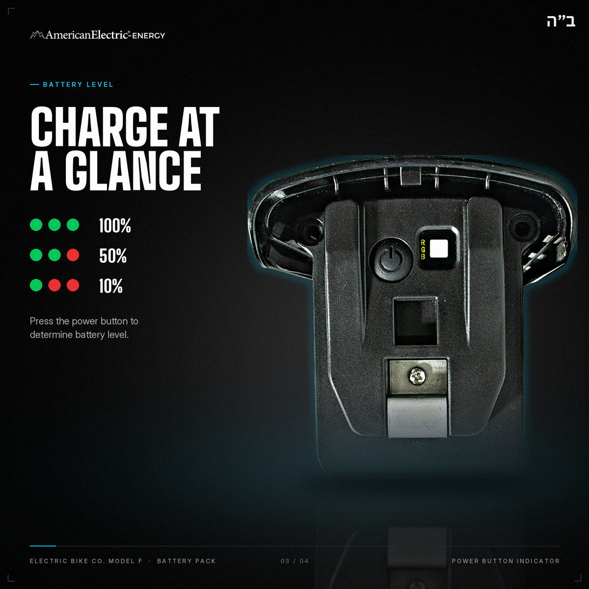 Electric Bike Co. Model F Battery Pack: battery level indicator, press the power button