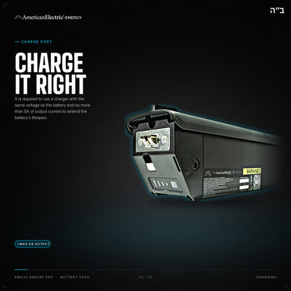 Emojo Breeze Pro Battery Pack: charge port, use a same-voltage charger, max 5A