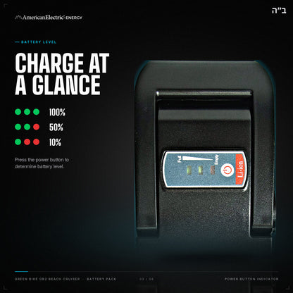 Green Bike GB2 Beach Cruiser Battery Pack: battery level indicator, press the power button
