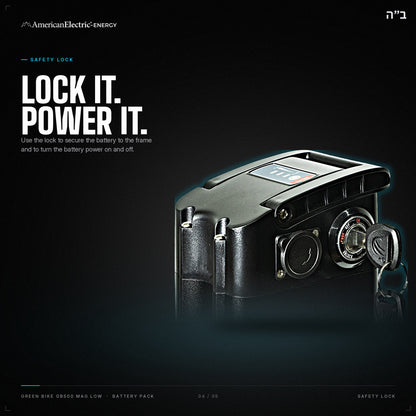 Green Bike GB500 MAG Low Battery Pack: safety lock, secures the battery to the frame and powers on/off