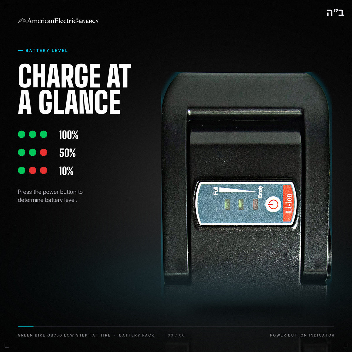 Green Bike GB750 Low Step Fat Tire Battery Pack: battery level indicator, press the power button