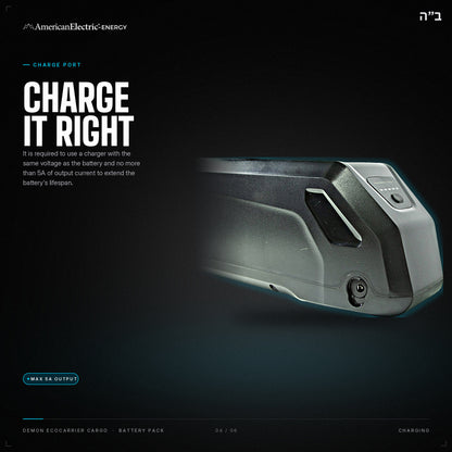 Demon Ecocarrier Cargo Battery Pack: charge port, use a same-voltage charger, max 5A