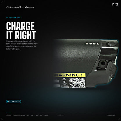 Hiboy P6 Refurbished Fat Tire Battery Pack: charge port, use a same-voltage charger, max 5A