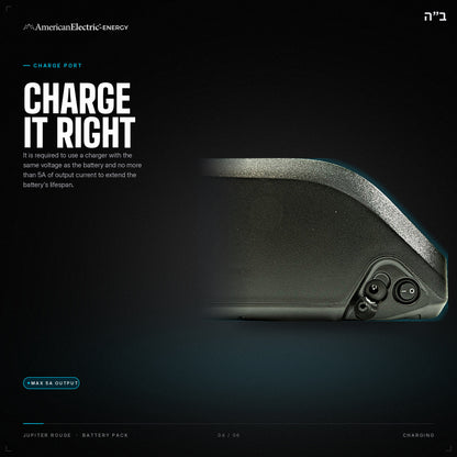 Jupiter Rouge Battery Pack: charge port, use a same-voltage charger, max 5A